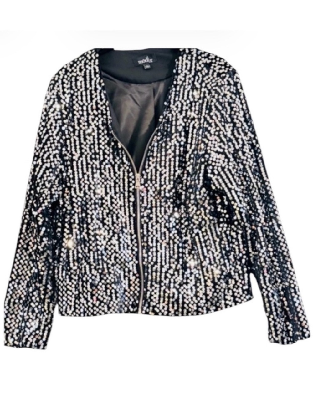 Mod X Black Silver Sequin Bomber Jacket Full Zip Front Size S